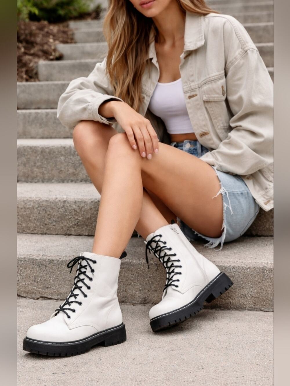Sincerely Jules Harley White Faux Leather Combat Boots, Womens Sz 10, Streetwear